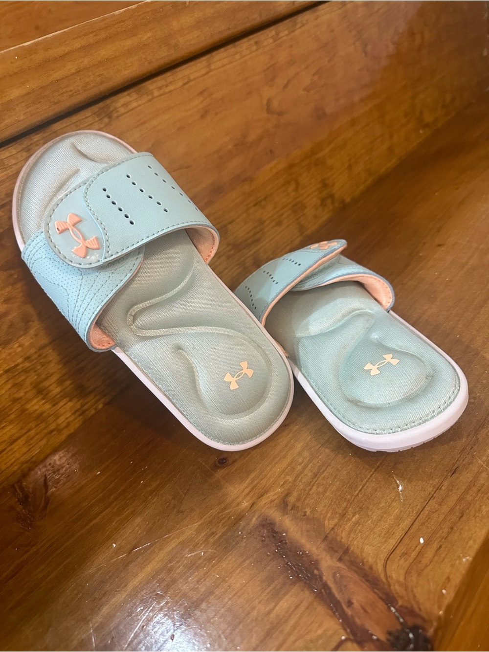 Under Armour Kids Mint Green Slide Sandals with Peach Accents